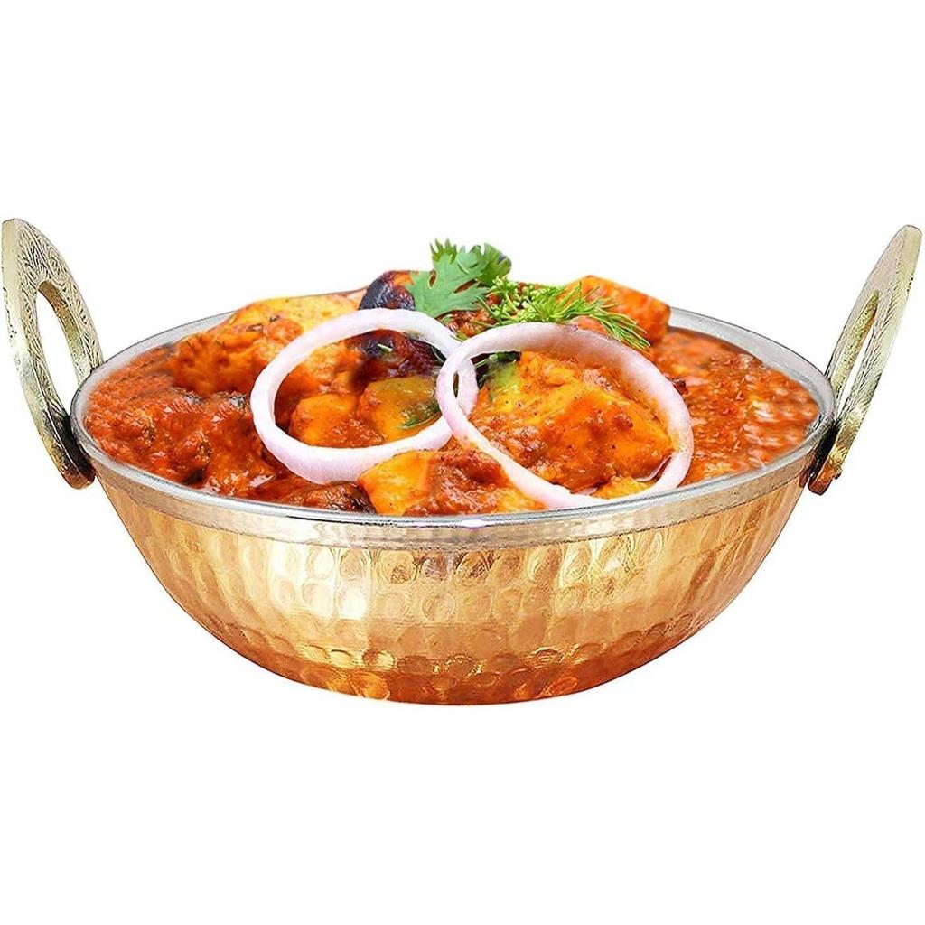 Indian Style Copper Karahi with Brass Handle, 1 Piece Serve Bowl for Cereals, Soups and Curry (13 CM)