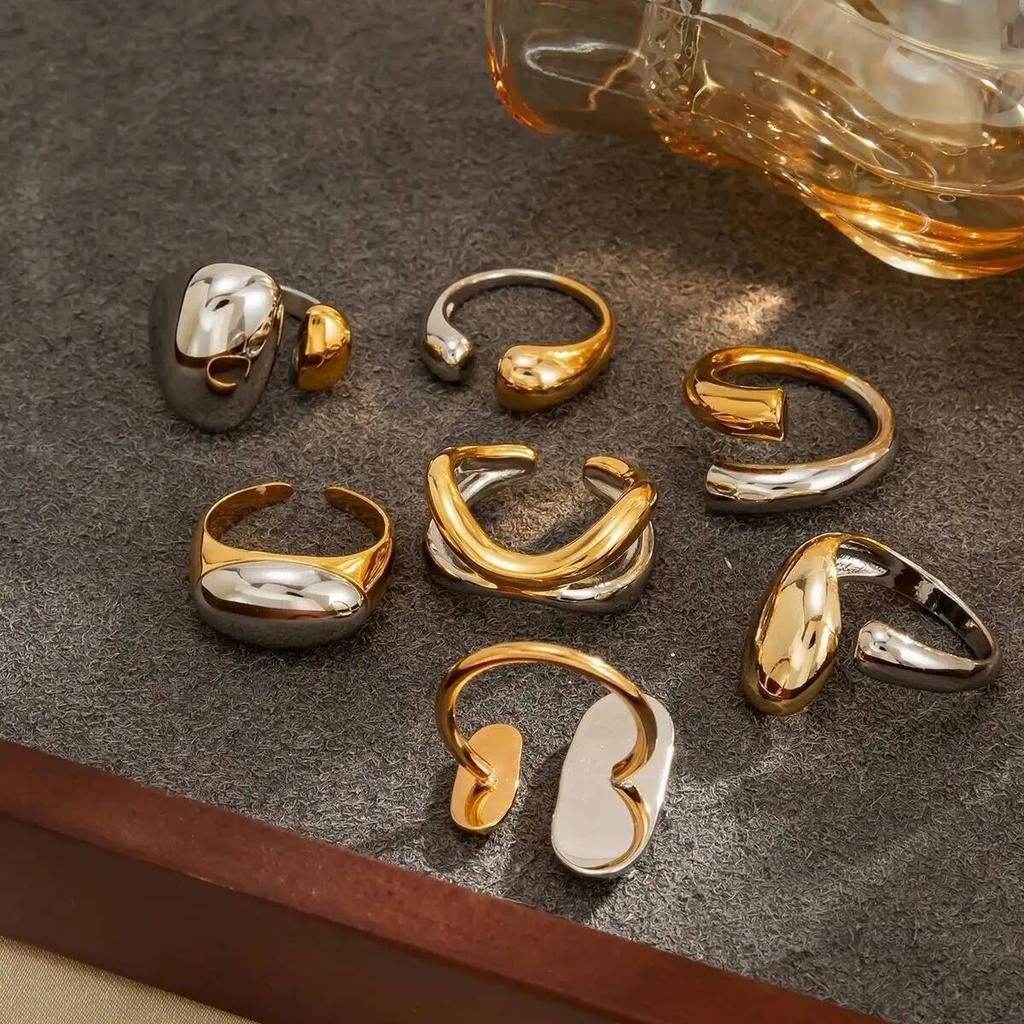 SHIXIN 7Pcs Trendy Geometric Mix Color Stainless Steel Finger Rings Women Punk Smooth Surface Irregular Adjustable Ring Jewelry