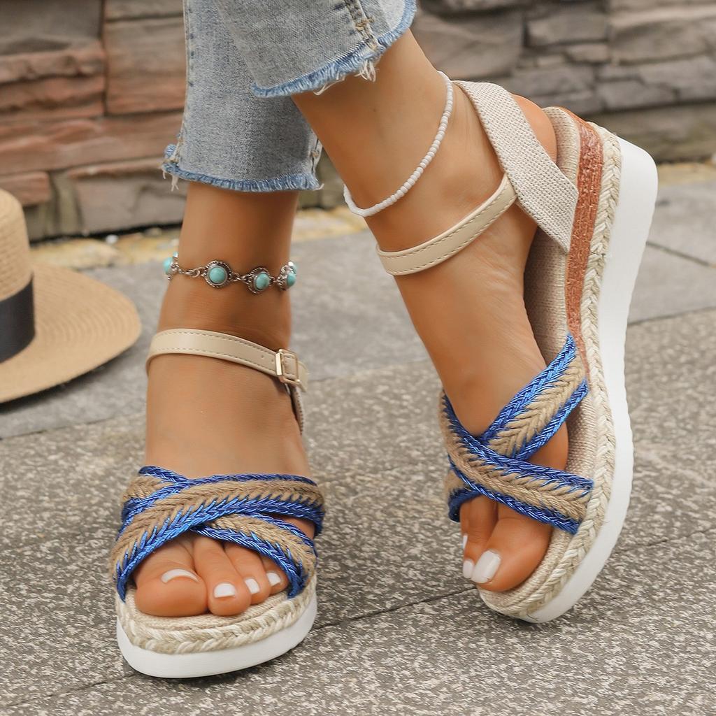 Fashion Retro Summer Women High Heel Lightweight Sandals Heel Large Colorful Braided Rope Sandalias De Mujer Outdoor Versatile Shoes