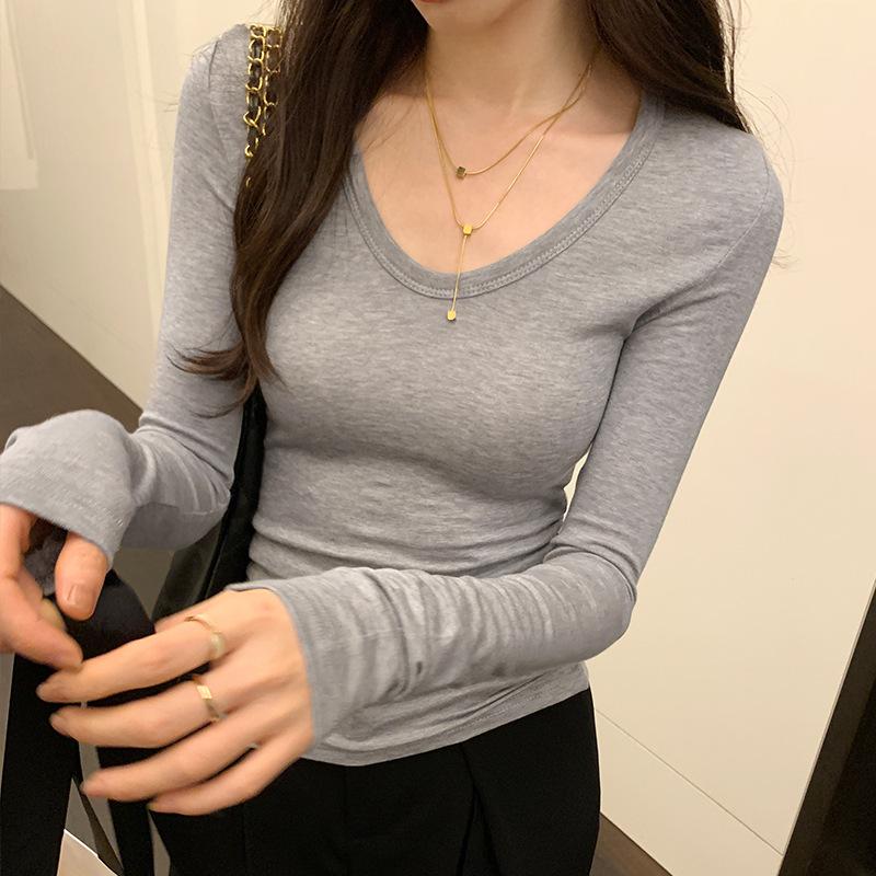 

Обтягивающий однотонный топ с глубоким вырезом и длинными рукавами для женщин на осень и зиму, новый дизайн, универсальная утягивающая теплая футболка XL