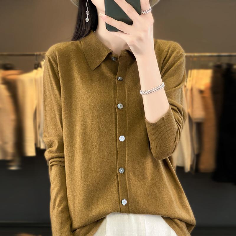 Toamnă și iarnă nou pulover cardigan tricotat cu guler de cămașă lână pieptănată, cămașă cu rever polo cu jachetă deasupra, pentru femei