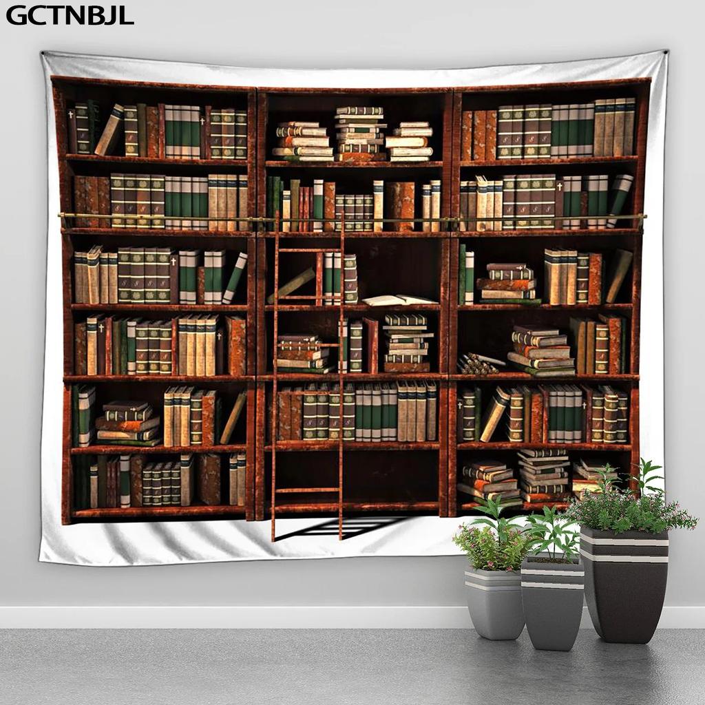 VIKAMA Retro Library Bookshelf Tapestry Modern Minimalist Study Background Cloth Literary Retro Style Living Room Decoration