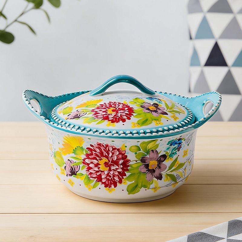 Große Keramik-Suppenschale mit Henkeln, Unterglasur, floral – Haus-Essgeschirr, Nudelschale