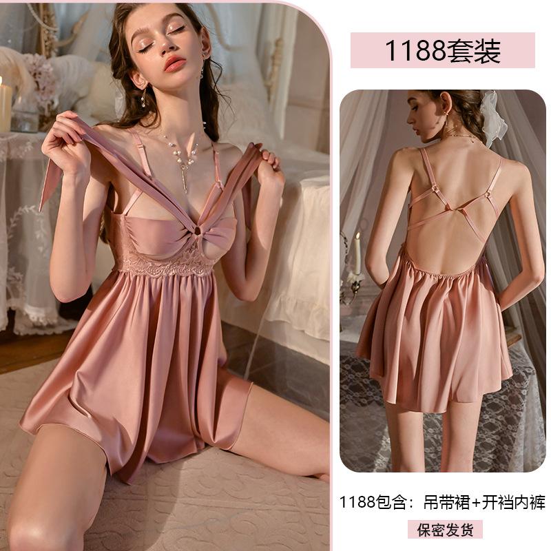 Sexy Satin Nightgown Steel Frame Gathering Lace Seductive and Romantic Underwear Pure Desire Lace-up Open-crotch Pajamas 1188