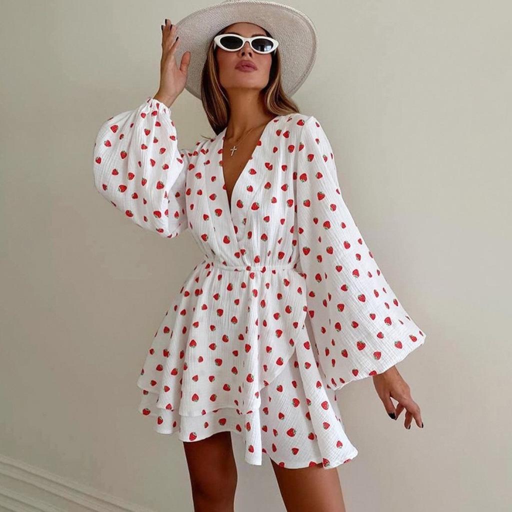 LYRIA New Strawberry Print V Neck Lantern Sleeve Dress Fashion Dress Women