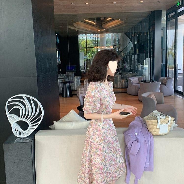 Summer new Korean version V-neck floral chiffon dress female student medium and long oil painting skirt series skirt
