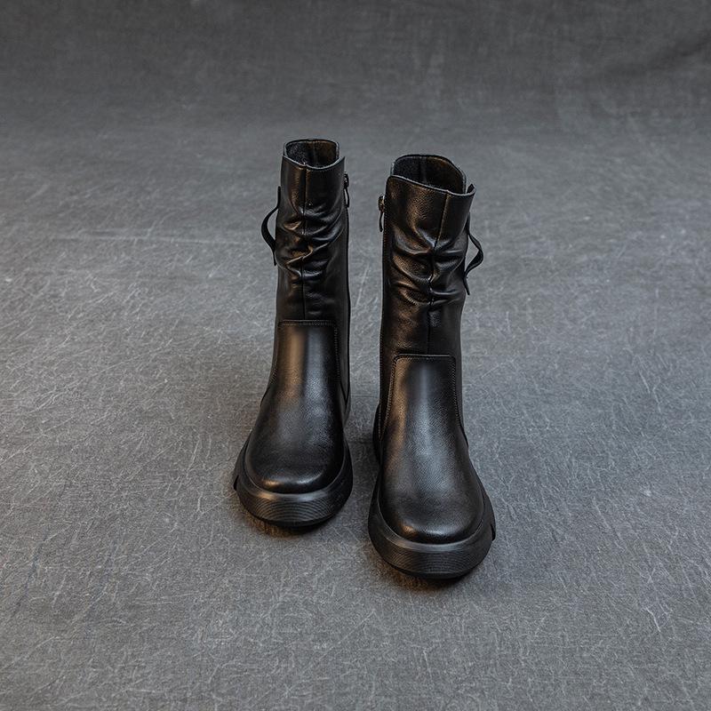 Stylish Women's Genuine Leather Mid-Calf Martin Boots - Versatile, Warm & Thick Soled for Autumn/Winter