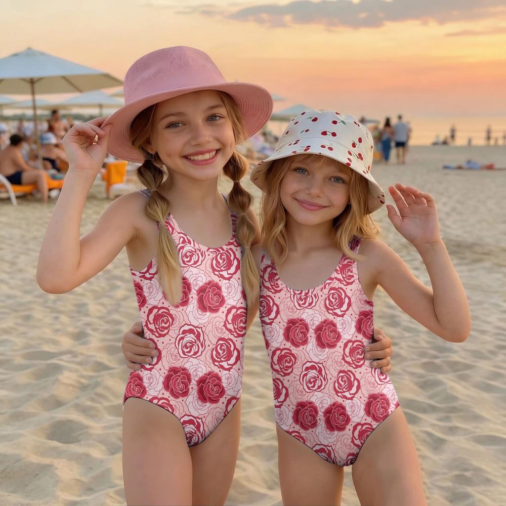 Girls Floral Print One Piece Swimsuit Summer Casual Kids Swimwear Lightweight Comfortable Fabric Suitable for Beach Pool Water Activities