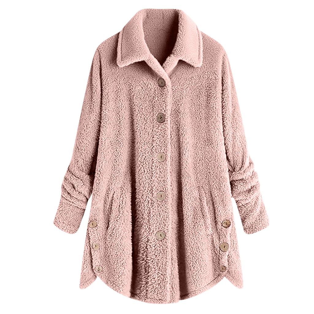 Women's Fashionable Plush Solid Color Button Pocket Lapel Long Sleeved Loose Warm Jacket
