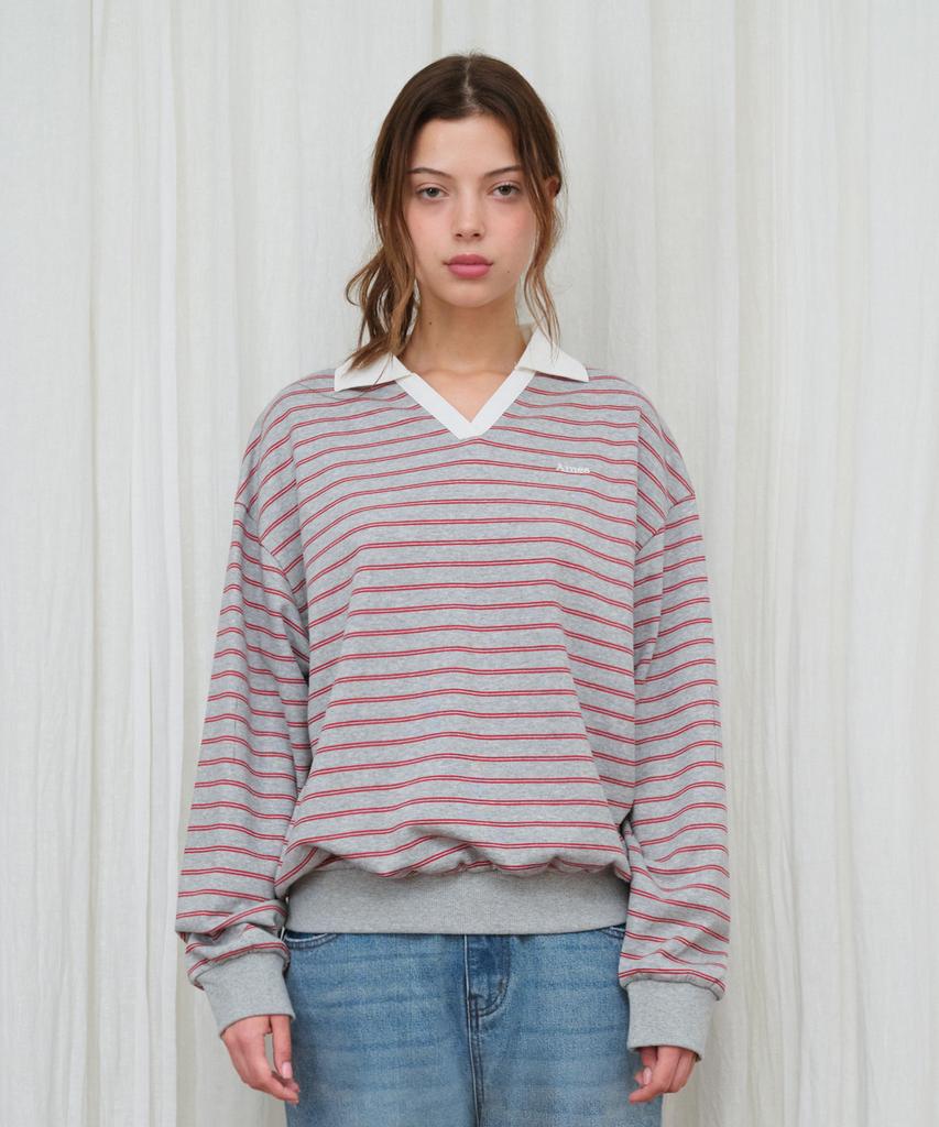 AMES-WORLDWIDE V Neck Collar Stripe Sweatshirt Gray