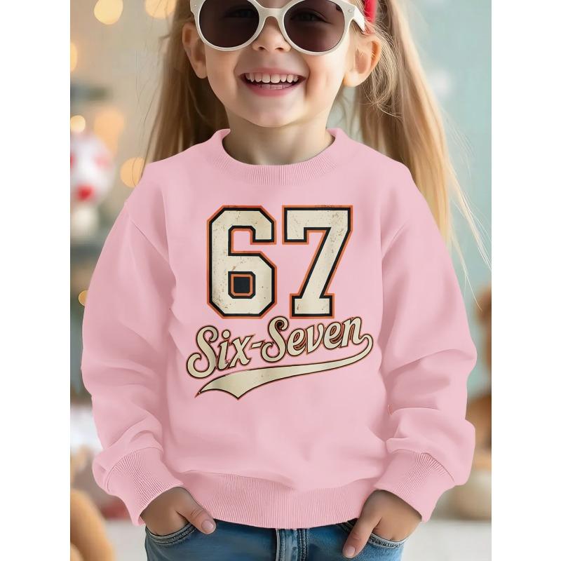 Kids Unisex Crewneck Sweatshirt, Vintage Distressed Varsity Block 67 Six-Seven Script Long Sleeve Pullover, Casual Sweatshirt for Boys Girls Ages 4+