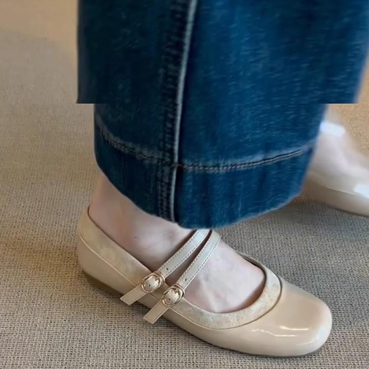 Schafslederversion~ Flaches französisches Temperament runder Kopf Ein-Wort-Schnalle Mary Jane Schuhe Damen Retro flacher Mund Ballerinas