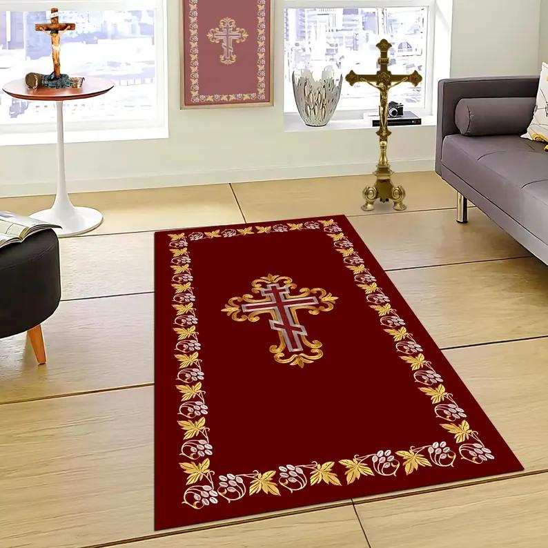Religious Cross Carpet Mat Rug - Gold Pattern Red Background Floor Decor for Living Room Home Decoration Carpets for Living Room