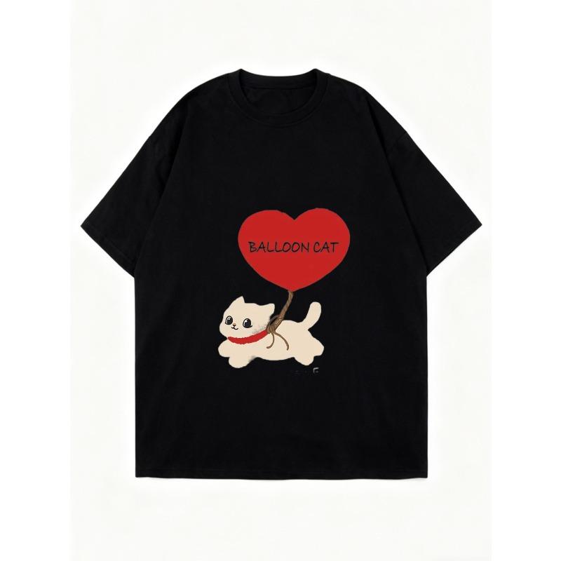 Oversize Women's Short-Sleeve T-Shirt with Cute "BALLOON CAT" Heart Balloon Cat Print