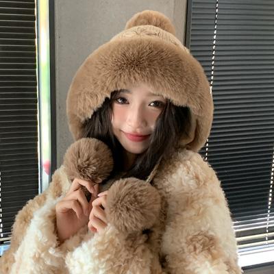 Winter Hat Women's Plush Cute Knitted Hat Ear Protection Warm Integrated Hat Wool Hat