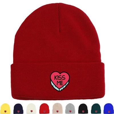 KISS ME" Heart Print Knit Cap Beanie, Valentine's Day Man Cap Soft Stretchy Unisex Bonnet Knitted Hat Beanie