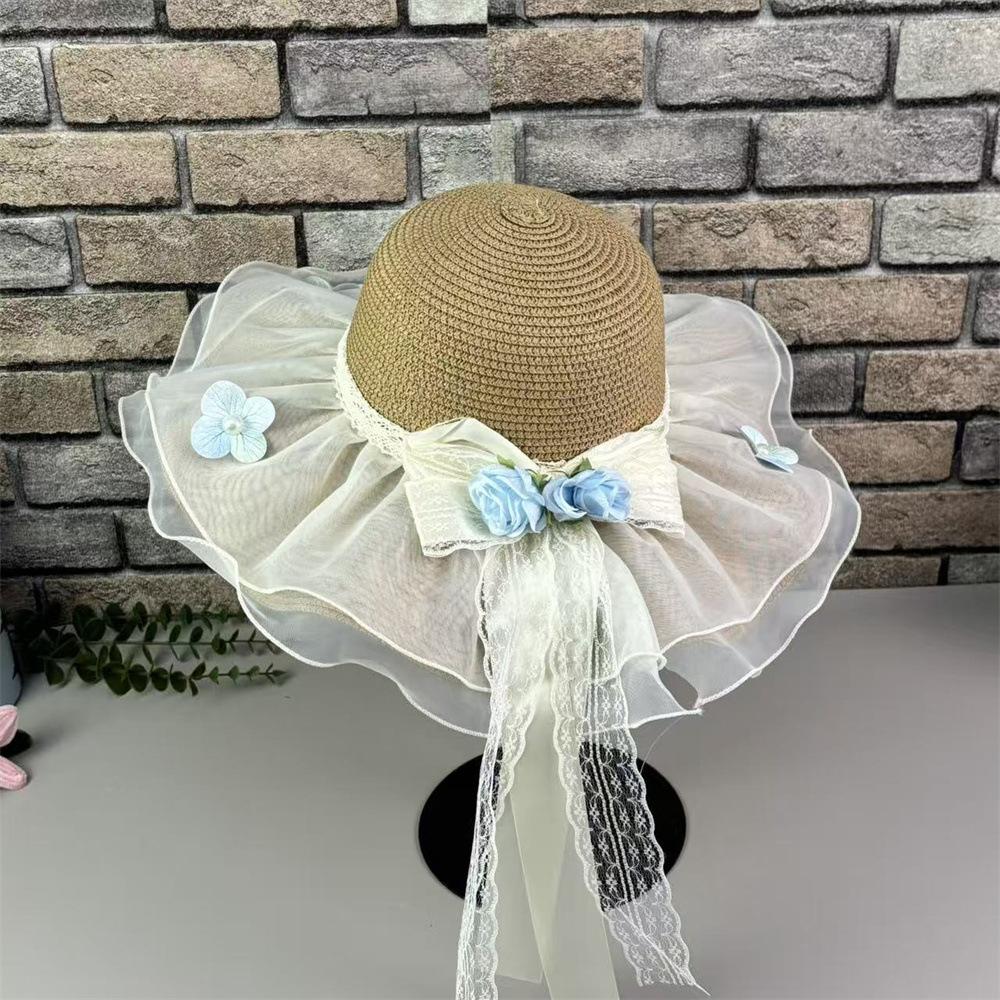 Straw hat women's summer streamer flower lace bow sun hat seaside beach UV protection sun hat