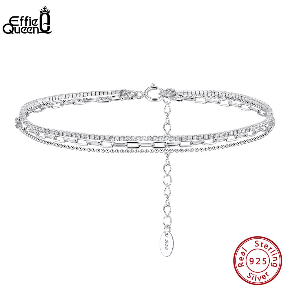 Effie Queen 925 Sterling Silver Muti-layer Bead Anklet For Women Sparkling Zircon Tennis Chain Foot Anklet Fashion Jewelry SA104