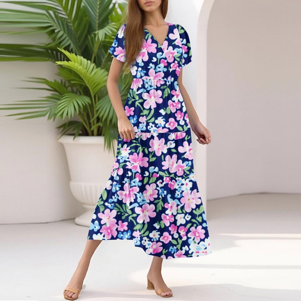 Damen Sommer Casual Mode V-Ausschnitt Rüschenärmel Blumendruck Midi-Kleid
