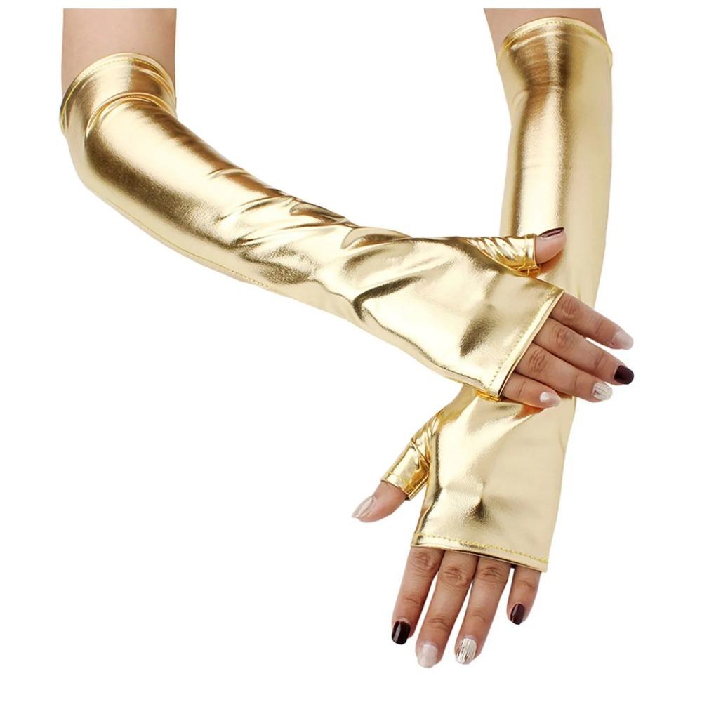 Fake Leather Metallic Gloves Gold Silver Long Gloves Sexy Leather Gloves  Evening Party