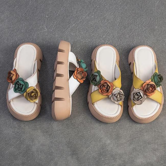 Johnature Handmade Flower Retro Women's Peep Toe Shoes Lightweight Thick Soled Genuine Leather Outdoor Slippers