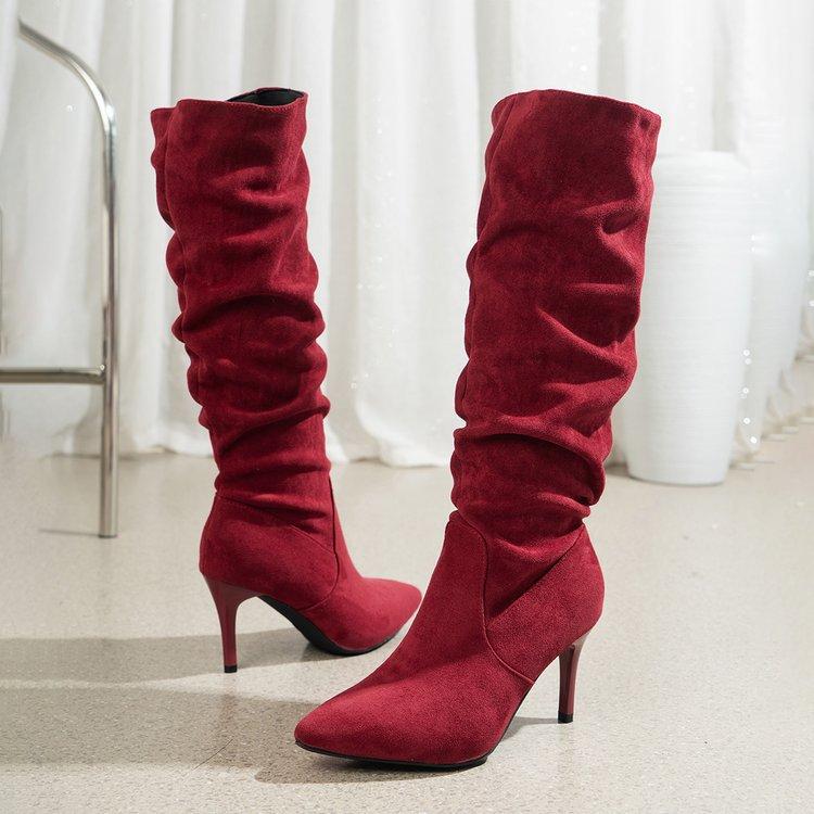 Plus Size Solid Knee-High Women's Boots Classics Overshoes Flock Boots Pointed Toe Wide Tube 8CM Thin Heel Fashion Women Shoes