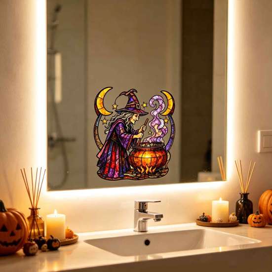 Durable Halloween Vinyl Clings Witch And Medicine Cauldron Window Sticker, Stained Glass Effect PVC Decal Indoor Shop Decor for Doors
