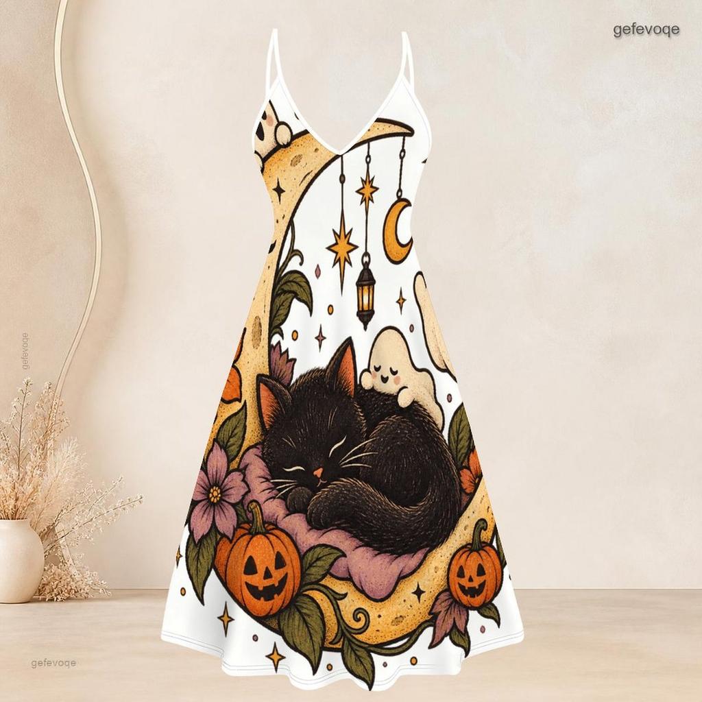 Women Plus Size Two Piece Set Short Sleeve Cardigan Strappy V Neck Flared Dress Halloween Panda Ghost Printed