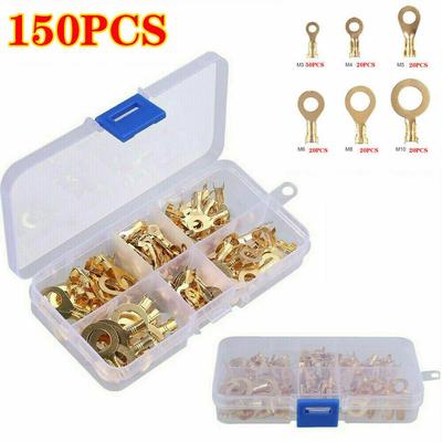 150x Round Bare Crimp Copper Ring Terminals Wire Connectors Spade Electrical Kit