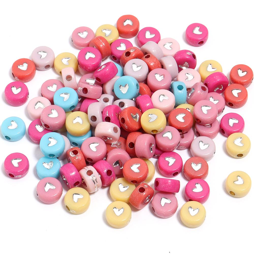100pcs/lot 7mm Acrylic Heart Beads Flat Round Colorful Loose Spacer Beads For Jewelry Making DIY Necklace Bracelets Accessories