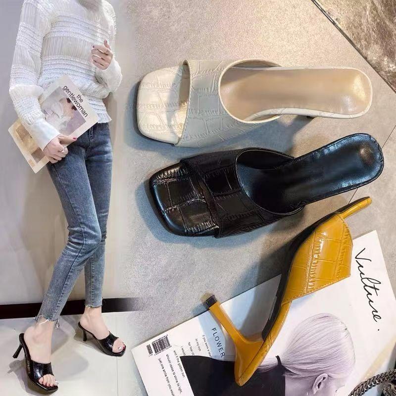 

Internet celebrities summer versatile women s cool slippers 2025 fashion square head fish mouth high heel non-slip one-word drag women 35