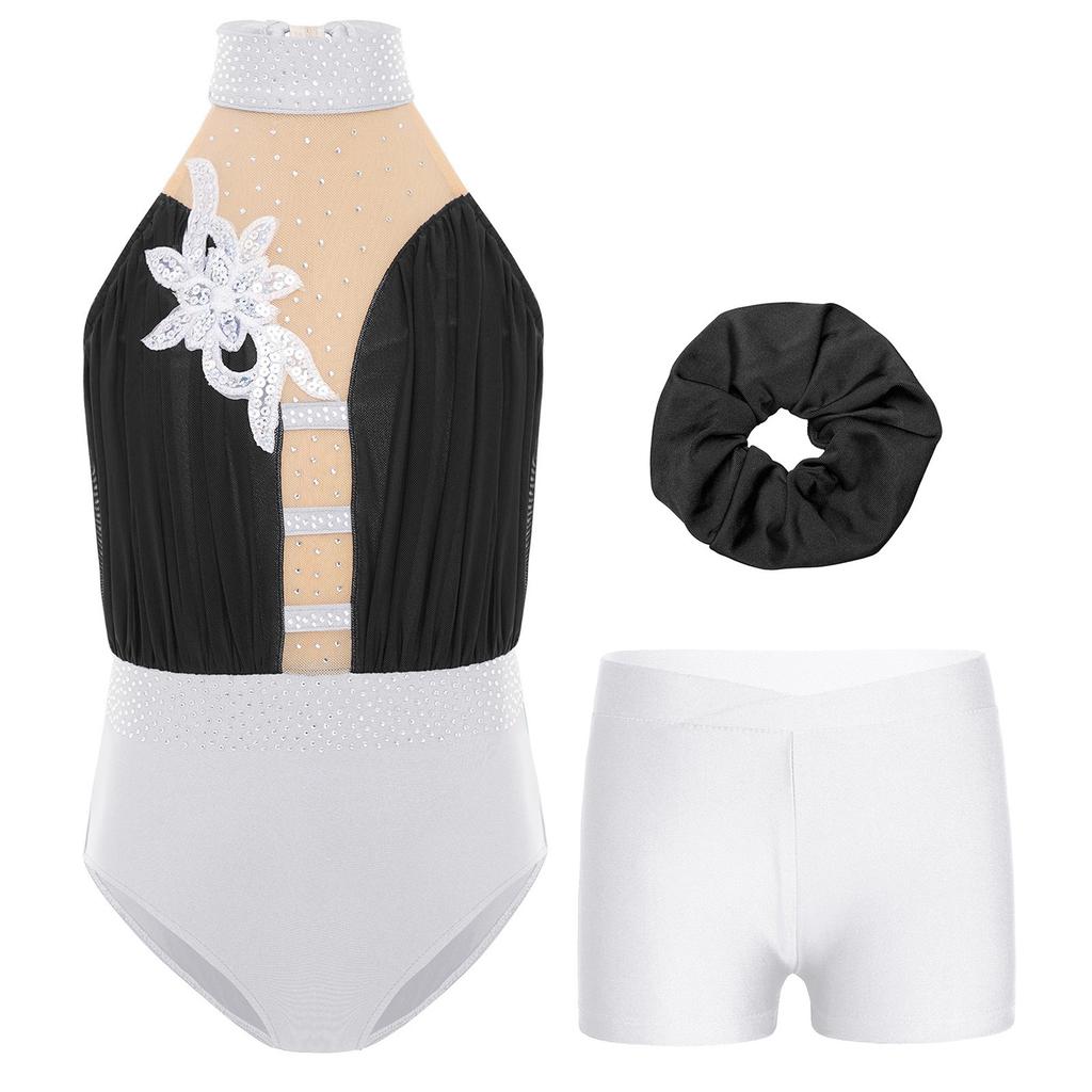Girls Gymnastics Dance Outfit Sleeveless Keyhole Back Rhinestones Leotard V Waistband Shorts Hair Tie