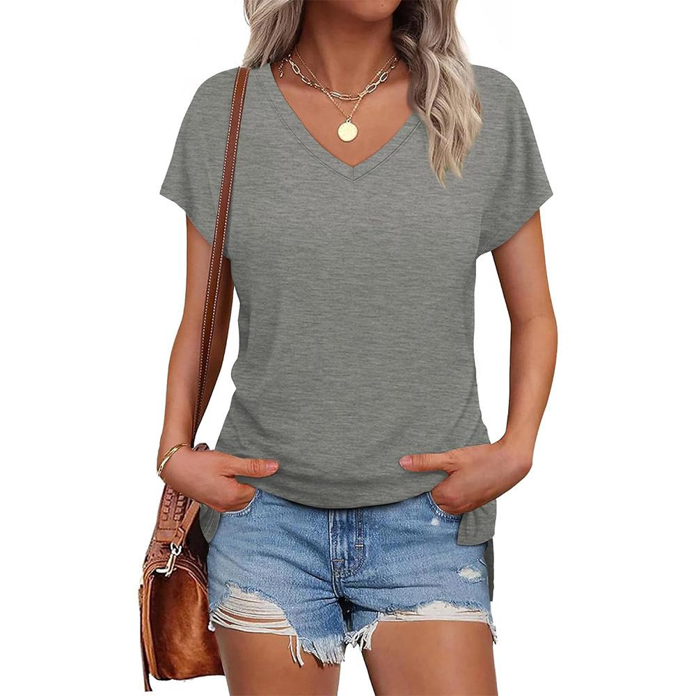 Popular summer European and American new women's clothing solid color V-neck short-sleeved split-ended women's T-shirt
