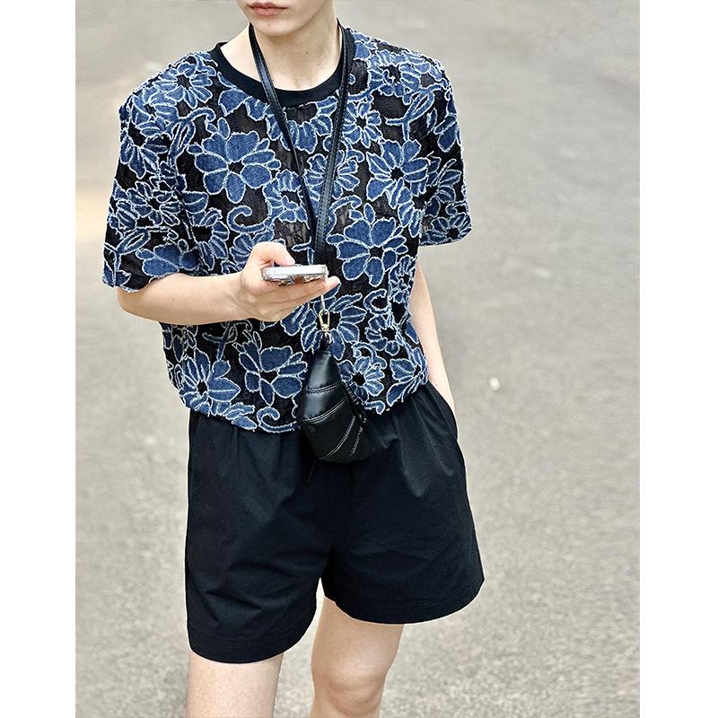 Orange Zhi Xia Summer Lace Cutout Jacquard T-shirt - High-end Round Neck Pullover Top