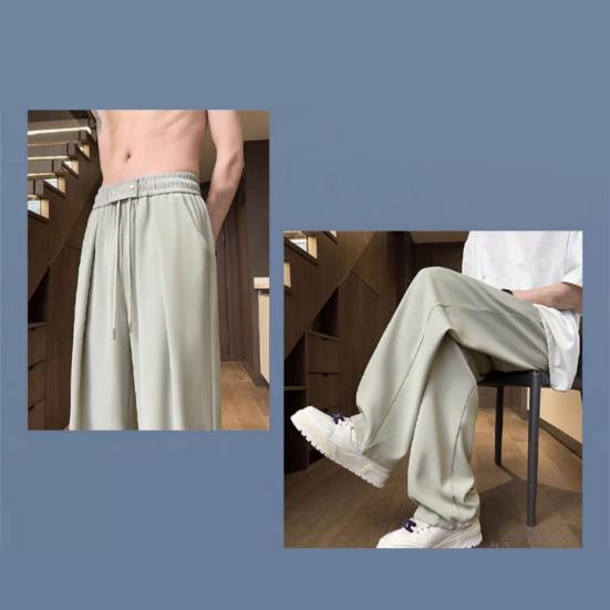 Men Pants Drawstring Waist Casual Trousers Solid Color Regular Style Long Pants with Reinforced Pockets Daily Wear