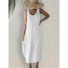 Women Comfortable Casual Linen Dresses Summer Solid Color Side Pockets Dress O Neck Pullover Sleeveless Gown