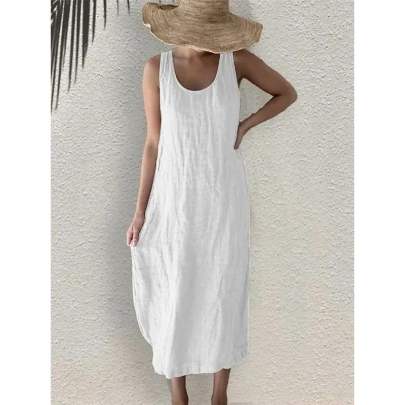 Women Comfortable Casual Linen Dresses Summer Solid Color Side Pockets Dress O Neck Pullover Sleeveless Gown