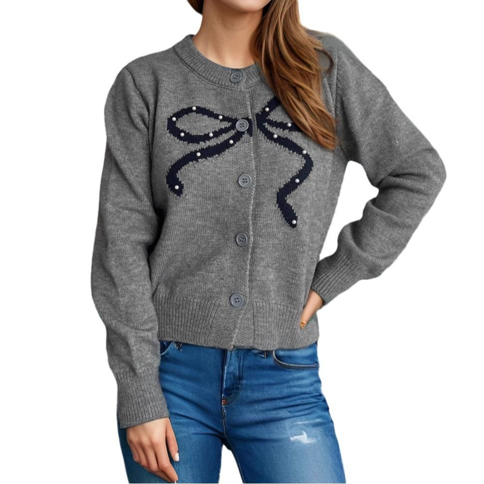 New solid color sweet anti-aging bow round neck jacquard sweater knitted sweater cardigan for women 3558 KTB