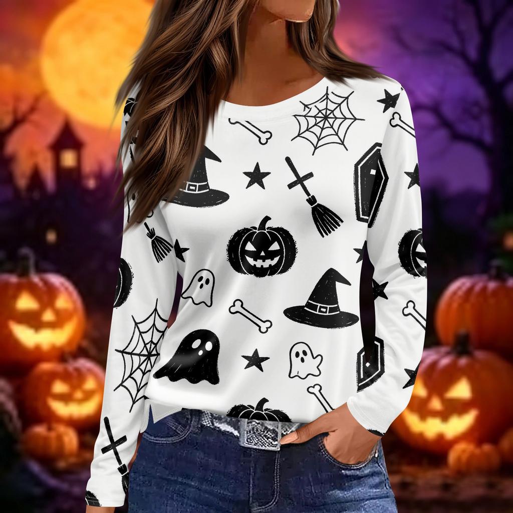 Womens Halloween Print Long Sleeve Top Round Neck Casual Pullover Shirt with Side Slit Hem Lightweight Stretchy Fabric