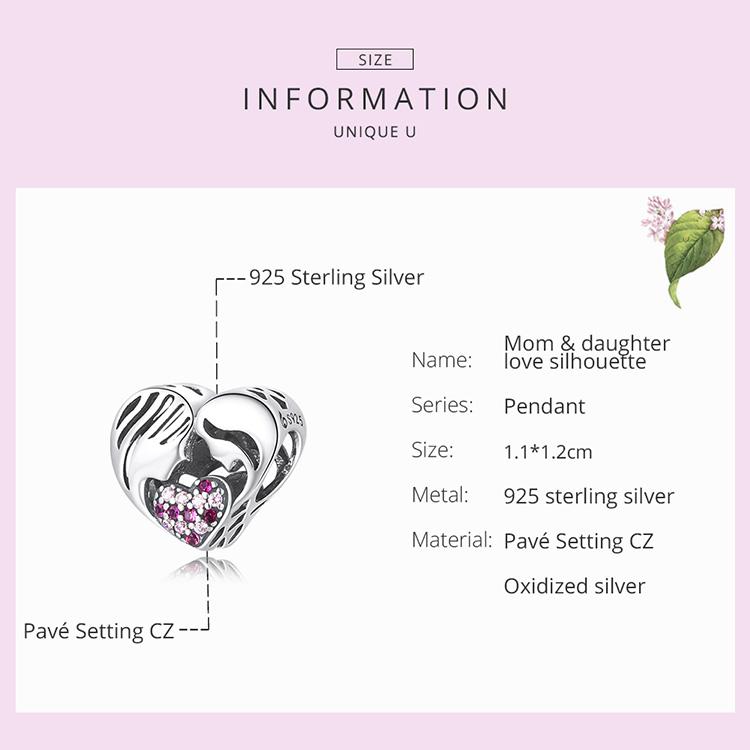 BAMOER 925 Sterling Silve Charm Heat Mom Daughter Love Silhouette Zircon Fit Charms DIY Bracelets Bangles Women Jewelry