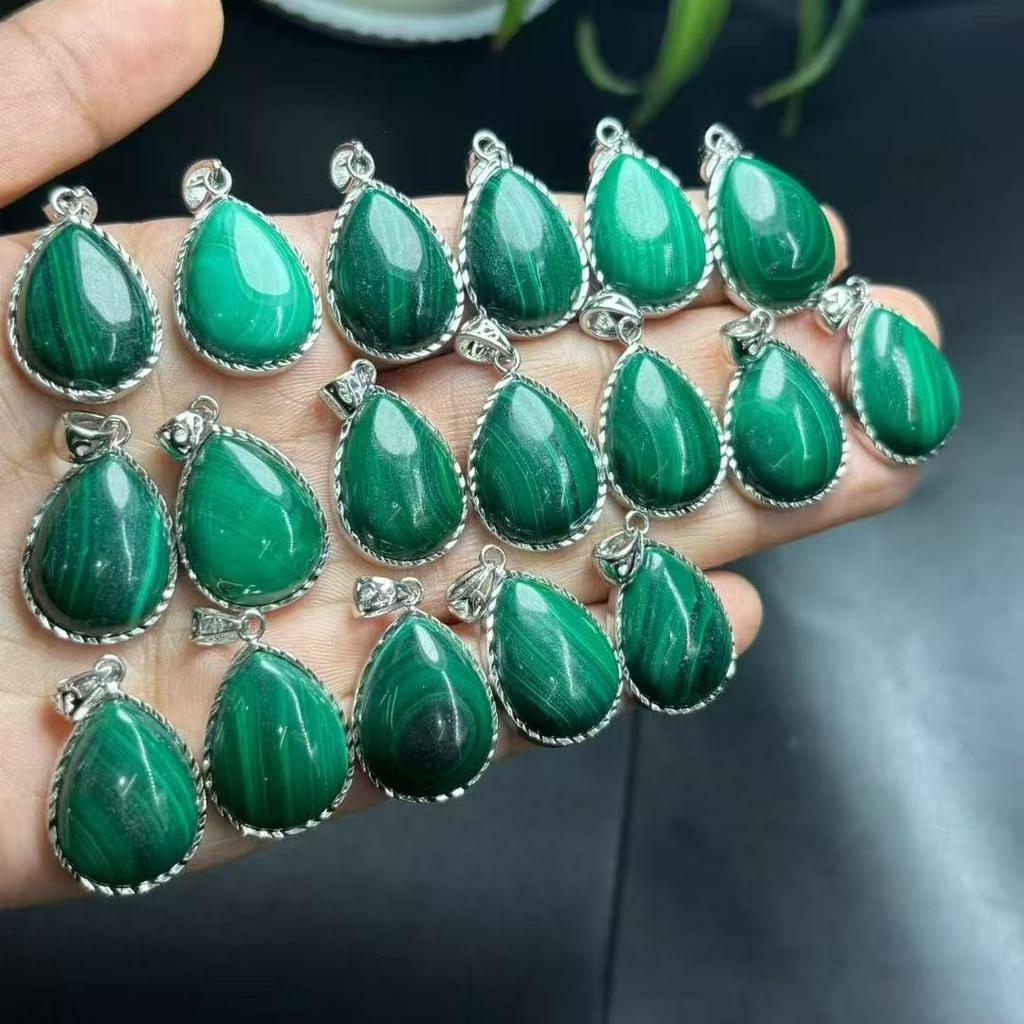 Handmade Spiritual Healing Crystal Stones 925 Silver Plated  Natural Malachite Water Drop Pendant  for Anti Stress and Anxiety