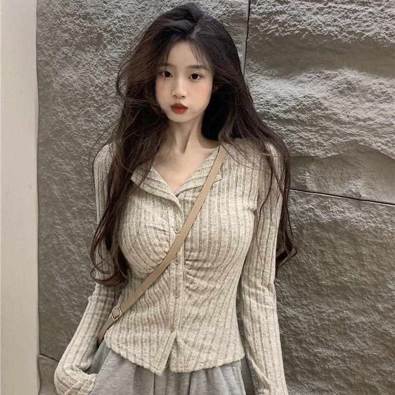 Korean-Style Ruched Collar Knitted Sweater: Autumn Slim-Fit Long Sleeve T-Shirt Top