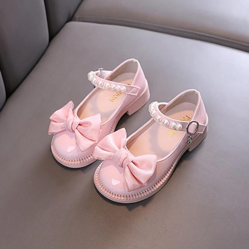 New Children's Leather Shoes Fashion Girls Party Shoes Sweet Bowtie Kids Princess Causal Pearl Ballet Performance Dress Shoes