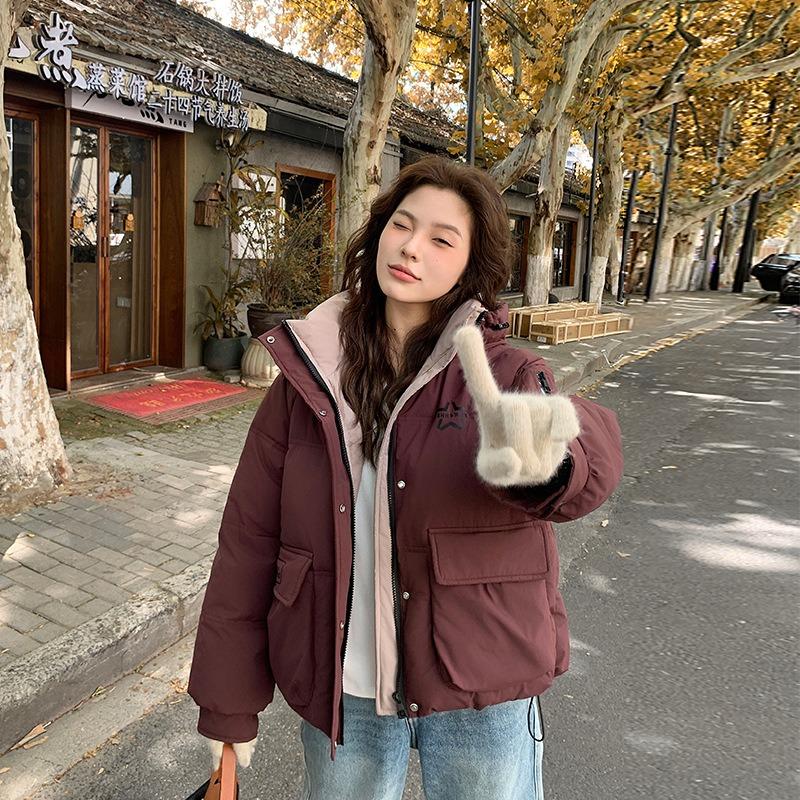 Cotton-padded women's coat new hooded bread clothes big pockets color matching winter loose short fashion cotton clothes