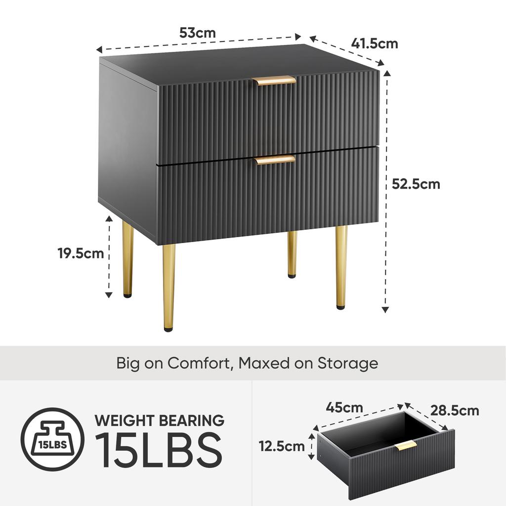 Black Nightstand with Wave Pattern and 2 Drawers, Bedroom Nightstand, Modern Nightstand with Metal Legs, 1 Piece