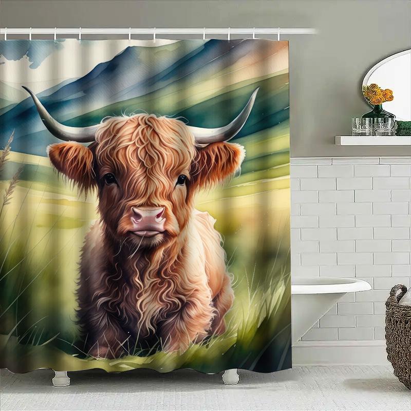 Farm Fresh Highland Cow Shower Curtain Soft Plush Waterproof Fabric with Hook Set for Bath Decor in Various Colors