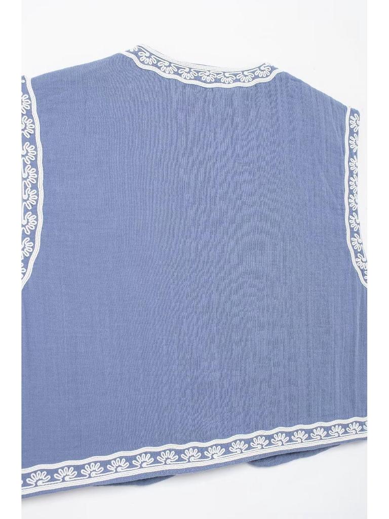 2024 Vintage květinová výšivka Barevný blok Vesta – Jarní bezrukávový top s otevřeným předním dílem