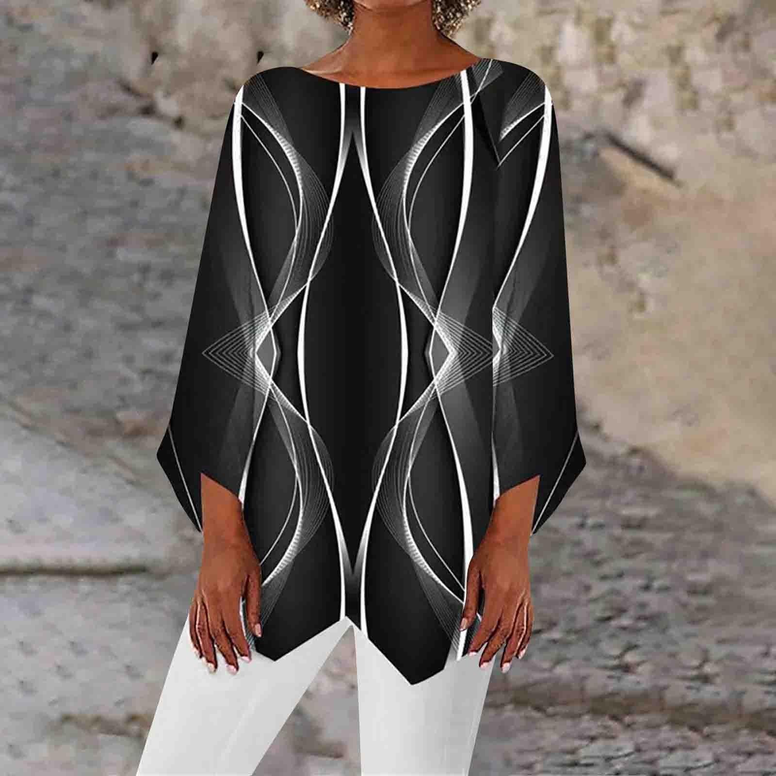 

Ladies Tops Geometric Print Long Sleeve Paneled Round Neck Breathable Shirt XXXL Темно-синій