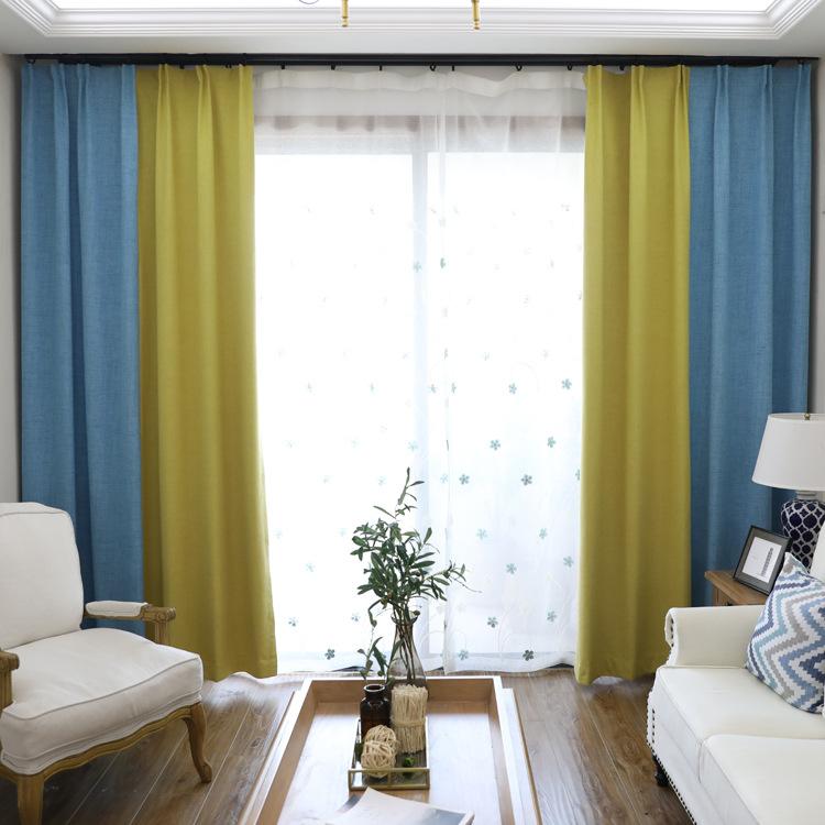 Simple Solid Color Splicing Curtains, Multi-Color Full Shading Nano-Coated Hemp Curtains Finished Product Customization