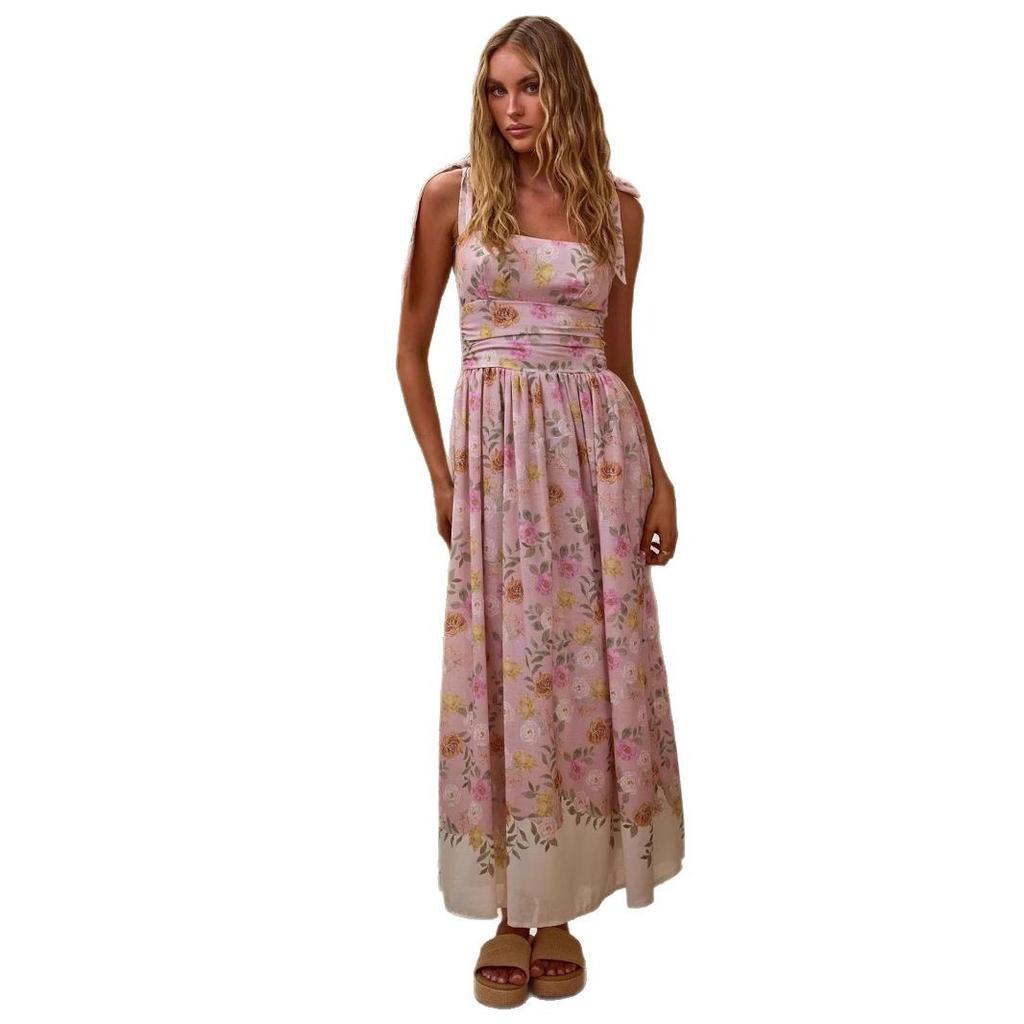 A New Summer Vacation Style French Floral Cinched-waist Slimming Color-block Halter Dress
